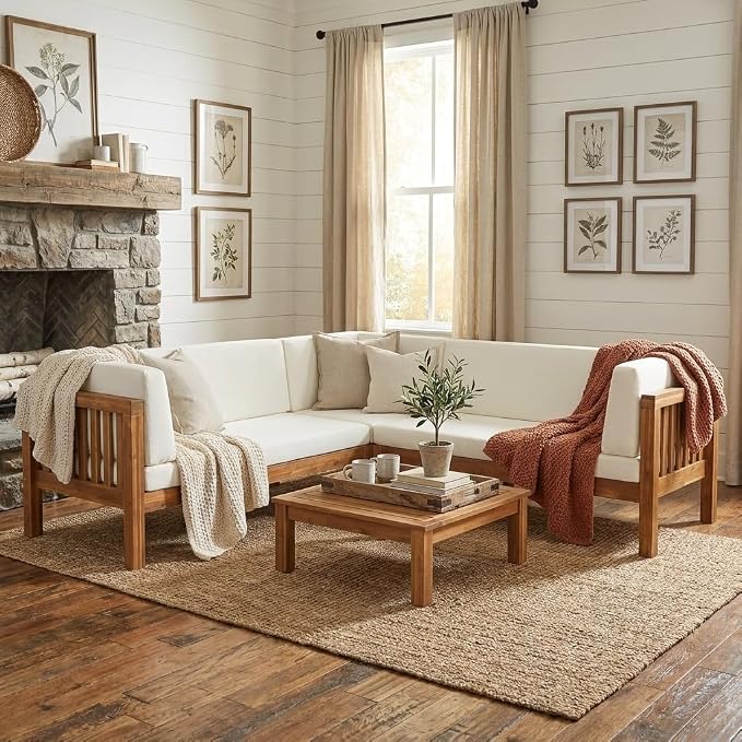 Acacia Wood Outdoor Sectional Sofa Set, 4-Piece L-Shaped Patio Furniture with Cushions, Double-Length Benches, Corner Seat & Coffee Table, Weather-Resistant Indoor/Outdoor - Farmhouse Scandinavian
