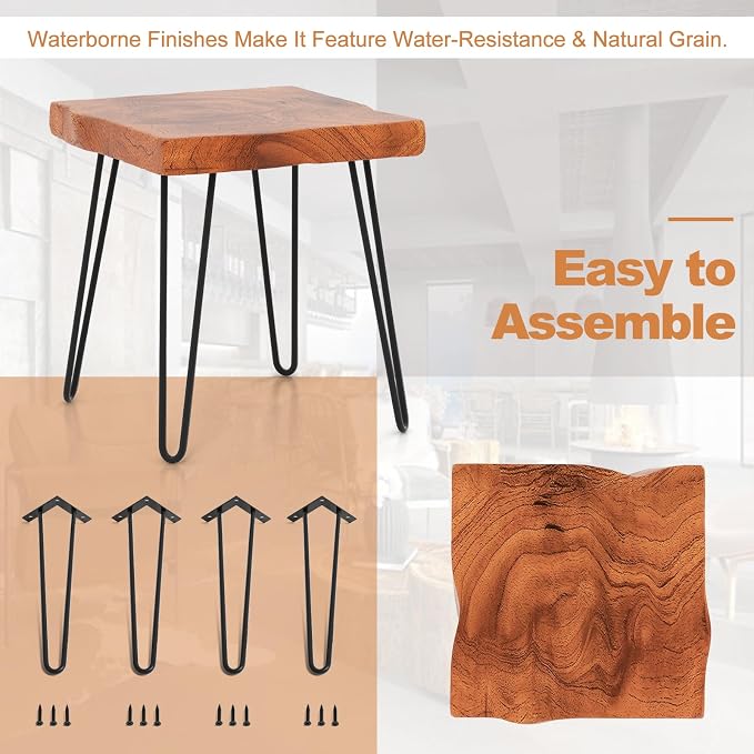 Giantex Teak Wood End Table, Solid Live Edge Outdoor Side Table w/Natural Grain & Heavy-Duty Metal Legs, Rustic Plant Stand for Living Room Patio Balcony, 16" x 16" x 18" (1, Square)