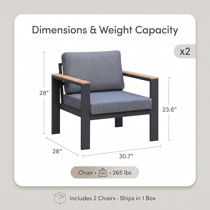 Outdoor Patio Chairs Set of 2, Aluminum Patio Furniture Chairs with 5-Inch Water-Resistant Cushions, Powder-Coated Frame for Porch, Deck, Backyard, Poolside, Gray