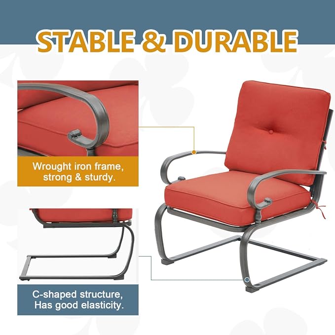 Skiway Outdoor Metal Funiture Set 5Pcs Patio Conversation Set Loveseat, 2 Spring Chairs with Coffee Table and Red Cushions, Wrought Iron Look
