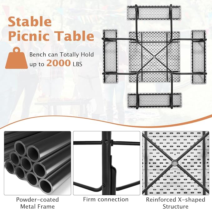 Giantex Picnic Table Set for 8 Persons, Outdoor Table and Bench with Umbrella Hole, HDPE Top & Metal Frame, 500LBS Capacity, Square Patio Table Bench for Deck Backyard Garden (White)