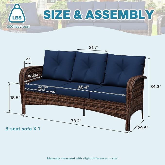 73" Patio 3-seat Sofa, Wicker Rattan Couch, Steel Frame Deep Seat Loveseat, Outdoor Conversation Furniture with Removable Cushions for Garden, Yard, Porch (Navy Blue)
