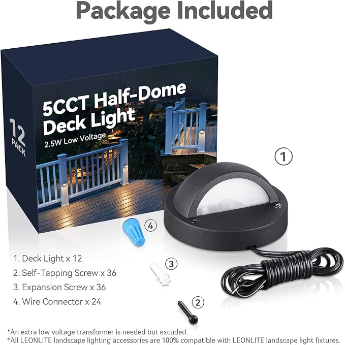 LEONLITE 12-Pack 5CCT 3.74inch Low Voltage LED Deck Lights, Black | 180LM, 12-24V AC/DC, CRI90, UL Listed, Die-cast Aluminum Housing, Frosted Glass Lens, 1800K/2700K/3000K/4000K/5000K