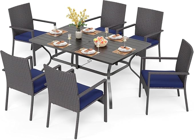 PHI VILLA 7 Piece Patio Dining Set, 60” Rectangular Table, Rattan Chairs | Outdoor Dining Set for 6, Metal Dining Table with Umbrella Hole, Rattan Wicker Chairs with Cushions for Patio, Deck, Porch
