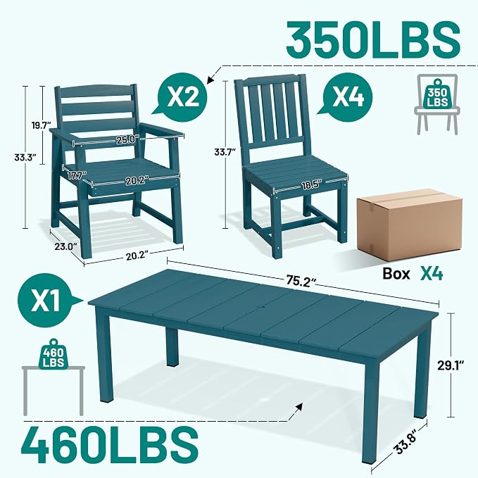 PLUUV 7-Piece Outdoor Patio Dining Set, All-Weather HDPE Dining Furniture Set with Umbrella Hole Cut-Out Table, Aluminum Table Legs, 6 Chairs, Waterproof & Easy Clean for Backyard, Garden, Navy Blue