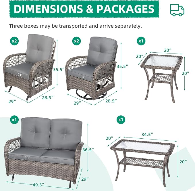 VIVIJASON 7-Piece Outdoor Patio Wicker Conversation Sets, All Weather Outdoor Rattan Furniture Set Includes Glider Loveseat, 2 Glider Rocker Chairs, 2 Swivel-Gliders Chairs, 2 Coffee Table, Grey