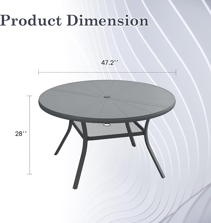 Outdoor Patio Round Dining Table for 6, 47.3" x 47.3" Sleek Aluminum Dining Table with Umbrella Hole for Backyard Garden Lawn Deck, Dark Grey