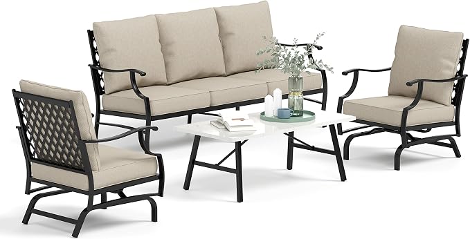 HERA'S HOUSE 4 Piece Patio Furniture Set, 2 x Rocking Metal Frame Cushioned Chair, 3-Seat Sofa with Marbling Coffee Table, All Weather Outdoor Conversation Set for Lawn Garden Backyard