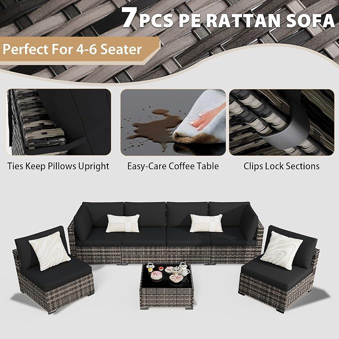 KIGOTY 7-Piece Patio Furniture Set, All-Weather PE Rattan Outdoor Sectional Sofa, Modular Wicker Conversation Set with Thick Cushions & Easy-Clean Coffee Table（Beige Black/Black）