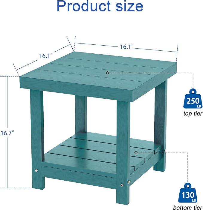 2-Tier HDPE Outdoor Square Side Table, Heavy-Duty Patio Side Table with Storage Shelf, Weather-Resistant Adirondack End Tables for Backyard, Pool, Porch, Garden, Lawn, Lake Blue