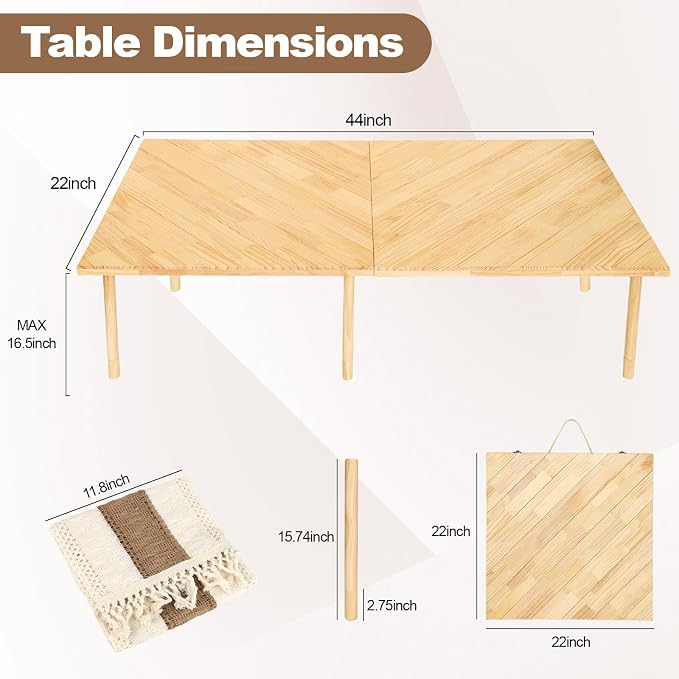 44x22 Low Floor Folding Picnic Table | Portable low table for 4-6, with adjustable height, mortise & tenon joints, and runner for beach picnics.