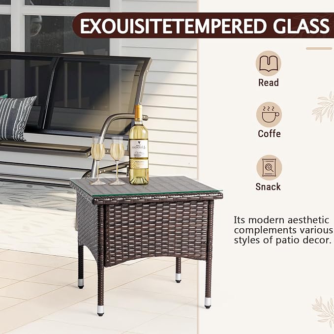 Outdoor Wicker Patio Side Tables for Outside, Tempered Glass Top Wicker Table with Storage End Table for Balcony Porch Deck