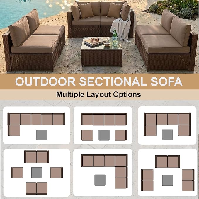 KIGOTY 7-Piece Patio Furniture Set, All-Weather PE Rattan Outdoor Sectional Sofa, Modular Wicker Conversation Set with Thick Cushions & Easy-Clean Coffee Table（Brown/Camel）