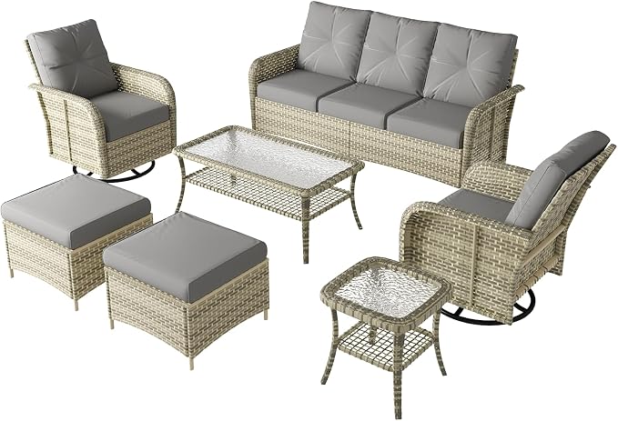 LazySunsets 9-Piece Outdoor Patio Furniture Set with Coffee Table, Wicker Rattan Outdoor Furniture with High Back Swivel Rocker Chairs, Outdoor Conversation Sets with Thick Cushions & Ottoman, Grey
