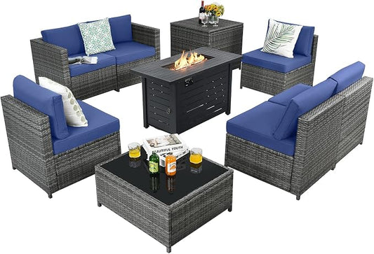 Tangkula 9 Pieces Patio Rattan Furniture Set, Patiojoy Sectional Sofa Set w/Storage Box, Coffee Table, Outdoor Wicker Conversation Set w/ 42” ETL Approved Propane Fire Pit Table (Navy Blue)