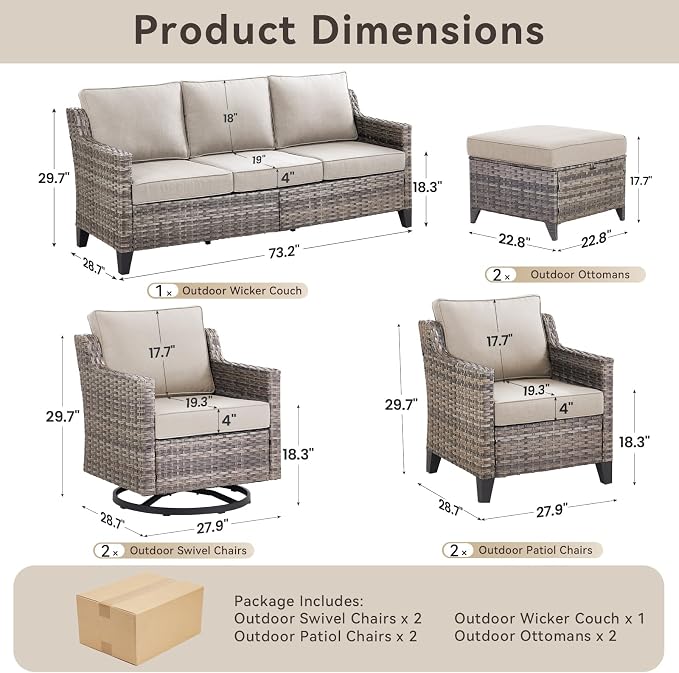 Wicker Patio Furniture Set-7 PieceAll Weather Outdoor Conversation Sets Sectional Sofa with Wicker Swivel Rocker Patio Chairs, Thick Cushions Ottomans for Porch Balcony Patio Deck Grey/Beige