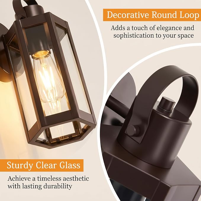 EJIAXIN 2 Pack Dusk to Dawn Outdoor Lighting Fixtures,Brown Porch Lights | 13" Waterproof outdoor lights for house, Clear Glass, Modern Outdoor Lights for House for Patio Front Door Entryway Garage