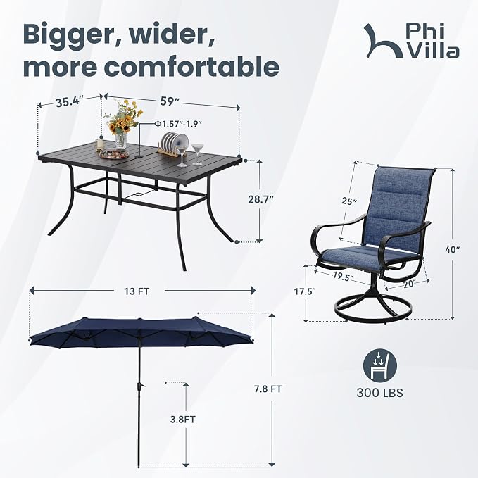 PHI VILLA 8 Piece Patio Dining Set with 13ft Patio Umbrella (Navy Blue), 6 Outdoor Padded Swivel Dining Chairs & 1 Large Metal Dining Table for Lawn Garden Backyard (No Umbrella Base)