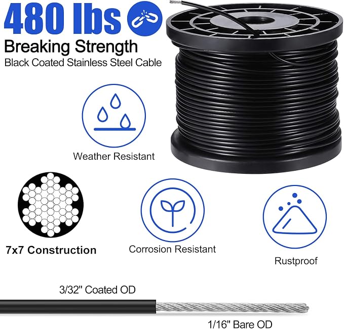 BLIKA String Light Hanging Kits, 250FT Coated Stainless Steel 304 Wire Rope | Outdoor Light Guide Wire, Globe String Light Suspension Kit Included Turnbuckles, Enough Accessories, Use Manual