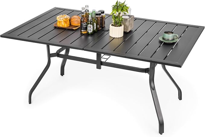 Sour Citrus 62" Rectangular Outdoor Metal Patio Dining Table for 6 with Umbrella Hole, Weather-Resistant Table for Garden, Backyard and Deck, Black