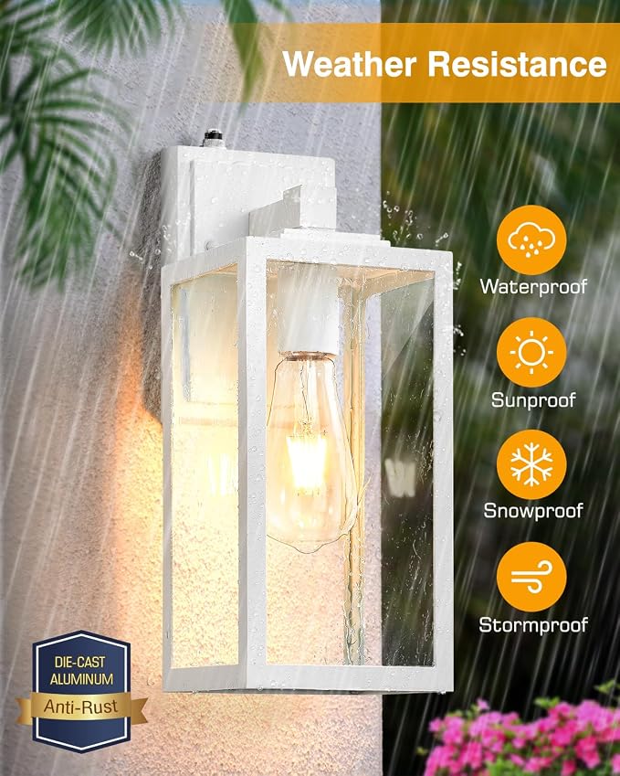 VIANIS Large Dawn to Dusk Outdoor Light Fixture, White Exterior Lighting Wall Mount Sconce, Modern Front Porch Lanterns Outside Lights for House, Anti-Rust Waterproof Coach Lights for Garage