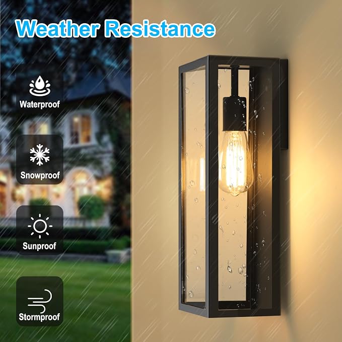 VerRon 16” Exterior Waterproof Outdoor Lights with Glass Shades, 2-Pack | Black Porch Lights Wall Mounted, Anti-Rust E26 Modern Outdoor Wall Lanterns for Patio Garage Entryway Front Door