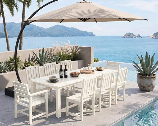 9-Piece Outdoor Dining Set with 11FT Umbrella for 8,White | 75.2'' HDPE table, chairs included, weather-resistant furniture with hole, ideal for lawn, poolside, yard, garden, deck