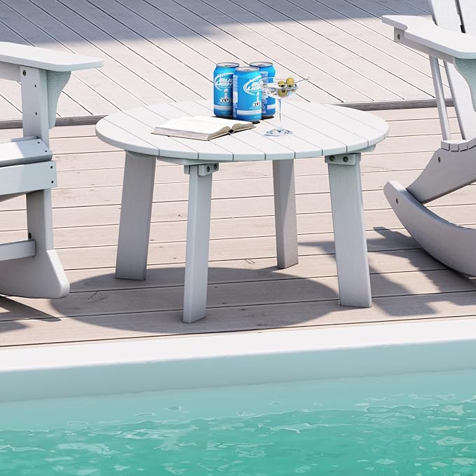 31.5" Outdoor Round Coffee Table, Adirondack Patio Coffee Table, Outdoor Large Side Table for Balcony Lawn (White)