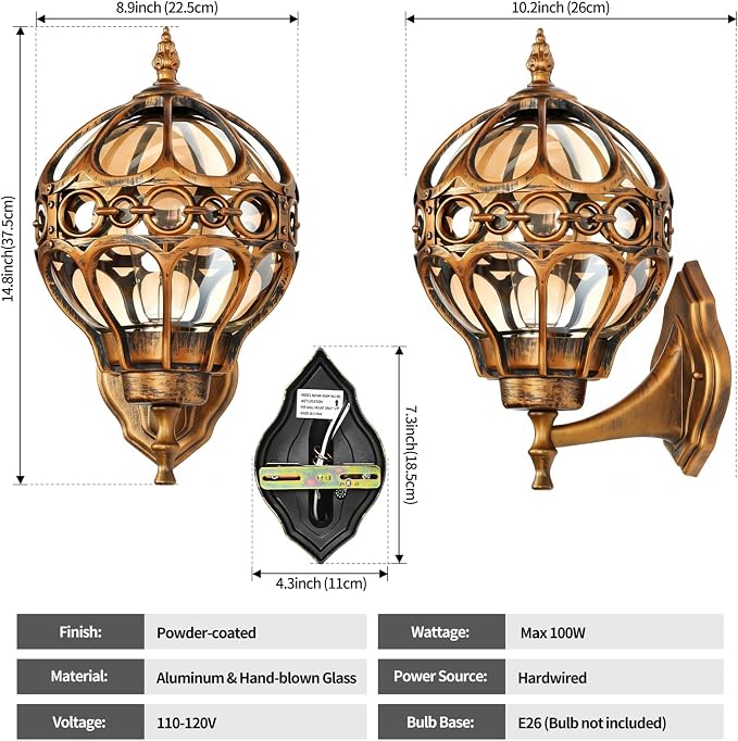 Globe Die Cast Aluminum Outdoor Wall Light, Brushed Gold Finish | Anti-Rust Waterproof Hardwired Exterior Wall Sconce with Amber Glass, Outside Wall Lantern for Patio, Porch, Backyard