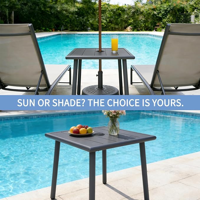 Small Metal Outdoor Side Table with Umbrella Hole Set of 2, Sqaure Patio Coffee Bistro Table End Table, Umbrella Table with Hole for Poolside Yard Porch Deck Balcony,19.7x19.7 inches, Gray