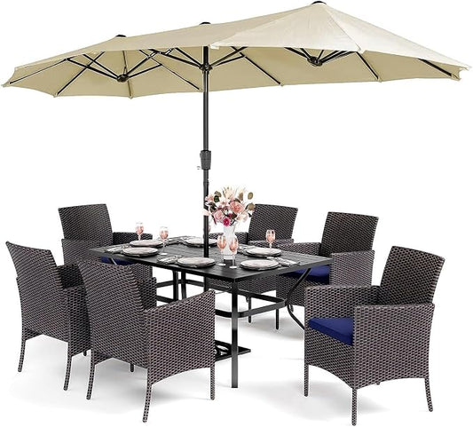 PHI VILLA 7pc Patio Dining Set w/Umbrella, Rectangular Table, Rattan Chairs | Outdoor Dining Set for 6, 60” Metal Table & 6 Cushioned Rattan Chairs with Beige Umbrella for Outdoor, Deck, Yard, Porch