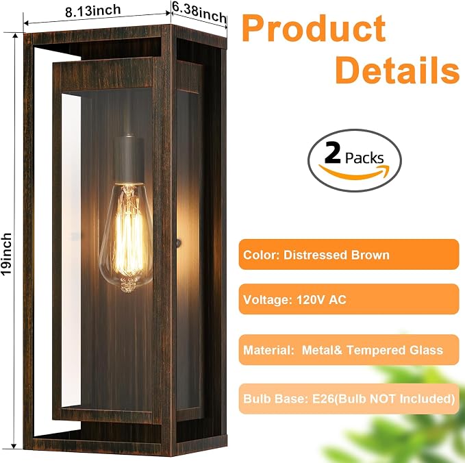 19" Outdoor Wall Lights, 2 Pack Large Size Antique Outdoor Sconce Lights with Clear Glass Shade, Waterproof Porch Lighting Exterior Light Fixture for Front Door, Garage