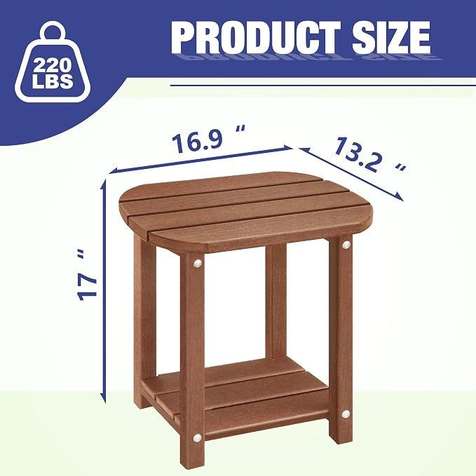 LZRS Patio End Table, Heavy Duty HDPE Outdoor Coffee Table with Wood Texture, Weatherproof Composite Table for Adirondack Chairs, Deck, Pool, Indoor/Outdoor, No Peeling Cracking(Brown)