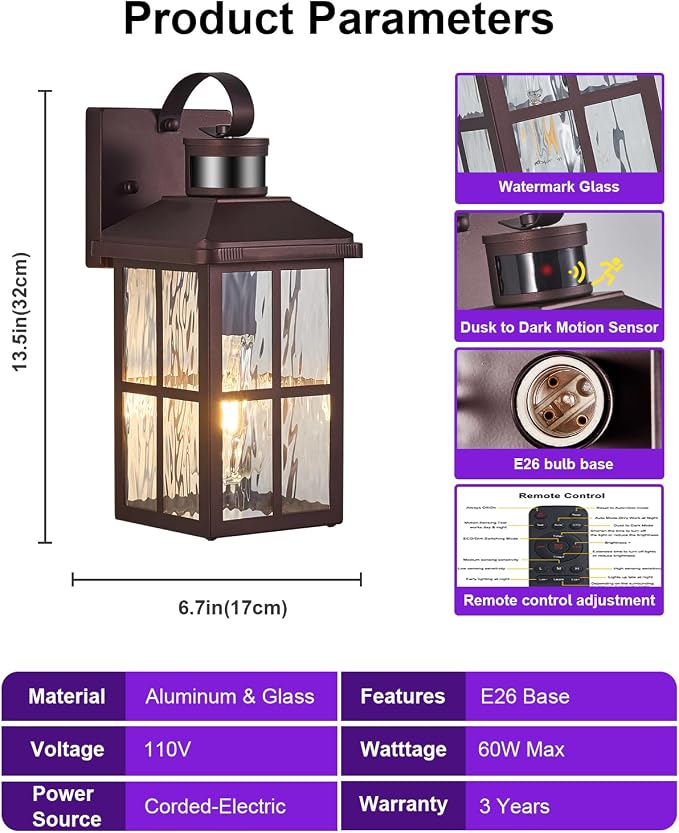 Porch Lights Outdoor with Remote, Motion Sensor Exterior Lighting Fixtures | 2 Pack Intelligent Outdoor Wall Lights, 4 Lighting Modes Outdoor Sconce Lights for House Patio Front Door Garage