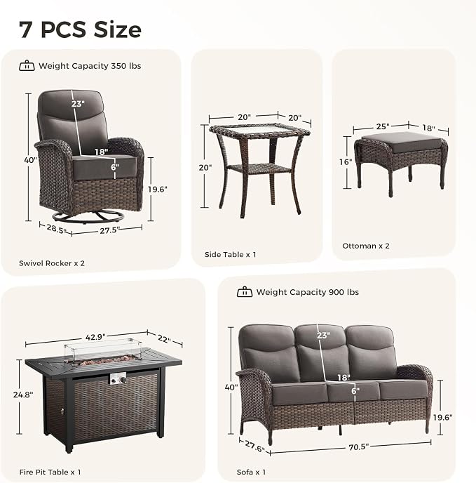 Luxury Patio Furniture Set with Fire Pit Table, Outdoor Furniture Set with High Back Swivel Chairs & 6-inch Thick Cushions, 7 PCS Fire Pit Patio Set for Yard, Deck, Poolside, Brown/Grey