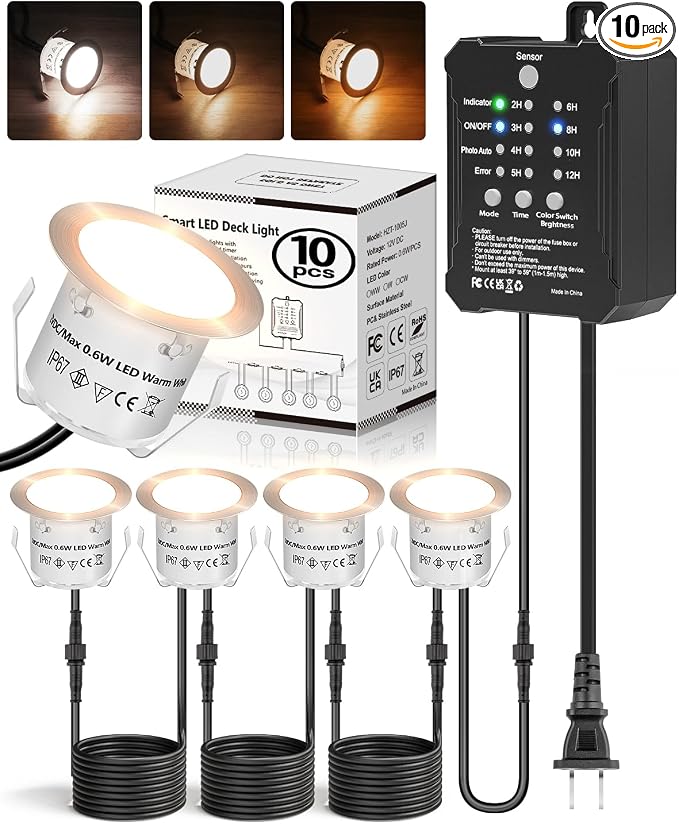 HIBOITEC Low Voltage Deck Lights Recessed Kit 3CCT 2700K-5000K with Transformer Dimmable Timer and Photocell Sensor Outdoor LED Deck Lighting IP67 Waterproof for Stair Step Yard 10 Packs