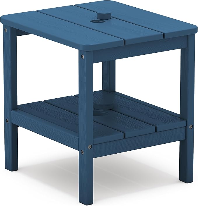 SERWALL 2-Tier HDPE Outdoor Side Table, Weatherproof Rectangular Adirondack Side Table, Blue