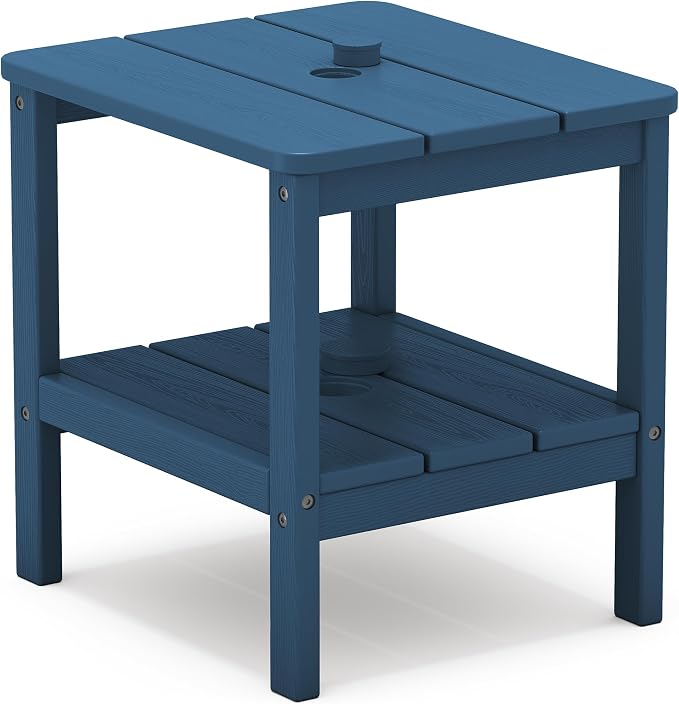 SERWALL 2-Tier HDPE Outdoor Side Table with Umbrella Hole, Weatherproof Rectangular Adirondack Side Table, Blue