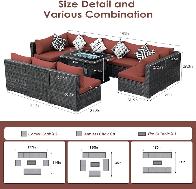 BULEXYARD 11 Piece High Back Patio Furniture Set with Fire Pit Table, Oversized Comfy Deep Wide Seat Outdoor Sectional Sofa, All-Weather Wicker Modular Conversation Couch 10-Seats for Deck, Grey & Red