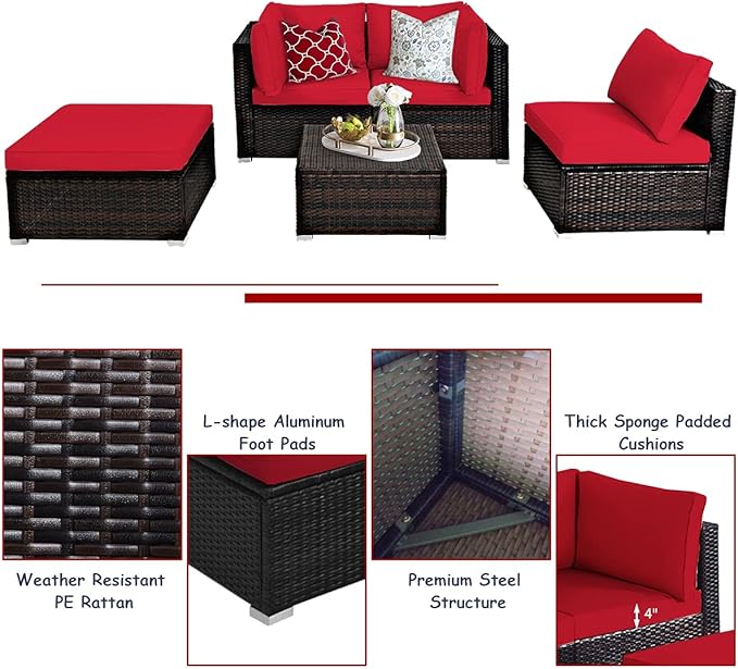 DORTALA 5 Pieces Patio Rattan Furniture Sets, Sectional Sofa Conversation Set w/Steel Frame & Sponge Cushions, Modern Wicker Combination Sofa Set w/Ottoman & Table for Garden Lawn Balcony, Red