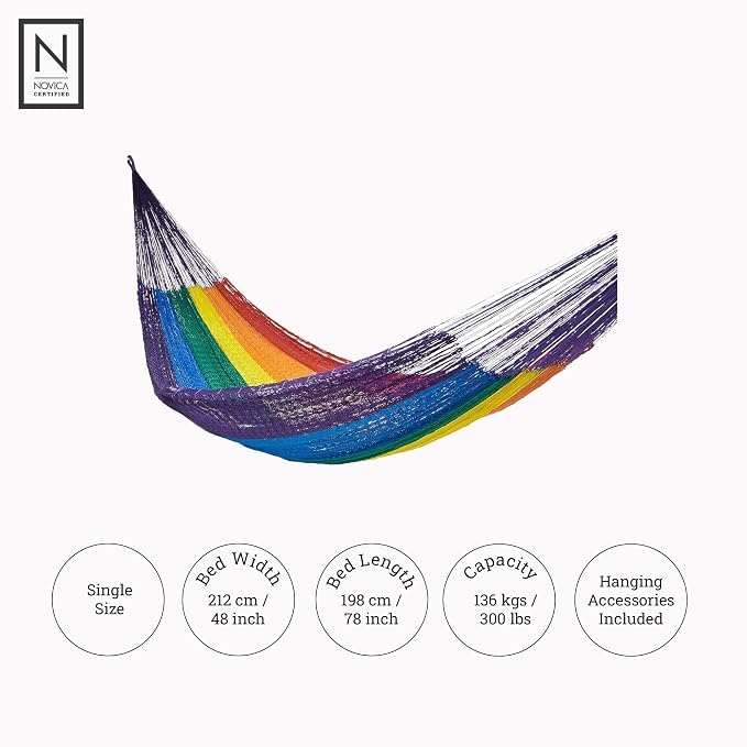 NOVICA Multicolor Rainbow Striped Hand Woven Nylon Mayan 1 Person Rope Hammock, 'Dreaming of Rainbows' (Single)