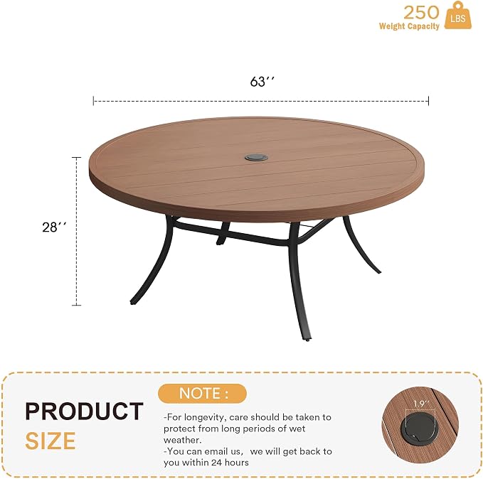 VICLLAX 63" Outdoor Round Patio Table with Umbrella Hole, All Weather Metal Round Outdoor Dining Table for Lawn Garden, 8-10 Person Table, Walnut Wood-Grain Tabletop