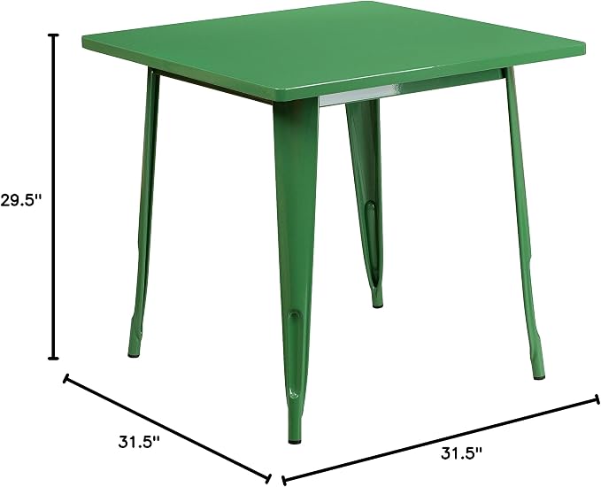 Merrick Lane Nash Indoor-Outdoor Dining Table Only - Green Powder Coated Finish - 31.5" Square Top - 27.25" Wide Base - Bracing for Added Stability