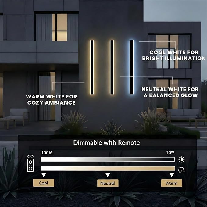 Modern Linear Outdoor Wall Lights, 32" LED Exterior Wall Sconce for Porch & Garage, IP65 Waterproof Architectural Facade Lighting, 3CCT Dimmable Matte Black Fixture for Front Door Entryway