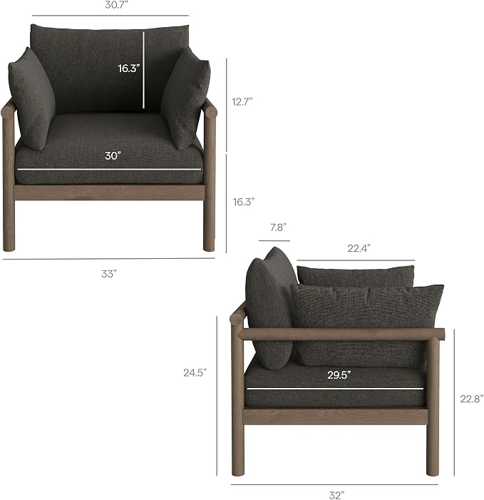 Modway Eleni 5-Piece Outdoor Teak Wood Patio Furniture Set in Weathered Gray Flint – Backyard Conversation Set with Loveseat, 2 Armchairs, Side Table, and Coffee Table