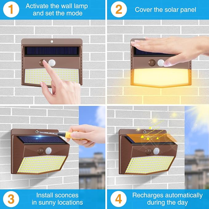 Solar Outdoor Lights, [8 Packs] Motion Sensor Security Lights with 3 Lighting Modes Wall Lights Waterproof Solar Powered Lights for Garden Yard,Brown White