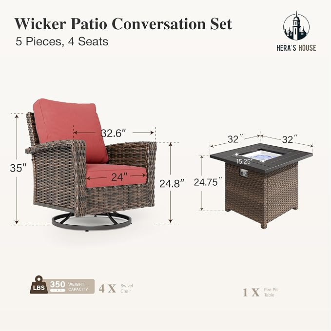HERA'S HOUSE 5-Piece Patio Furniture Set with Outdoor Swivel Chairs & Fire Pit, High Back Wicker Conversation Sets with 5.5" Thick Cushions, All-Weather Deep Seating Sofa, Red