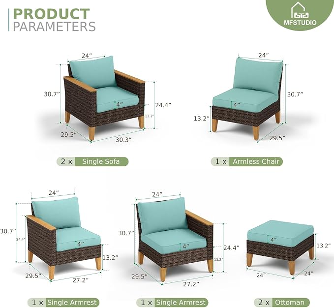 MFSTUDIO 7 Piece Extra Large Wicker Patio Furniture Set, 2 x Single Chair, 2 x Ottoman, 3-Seat Sofa, All-Weather Outdoor PE Rattan Patio Conversation Set for Garden, Backyard(Aqua Blue Cushions)