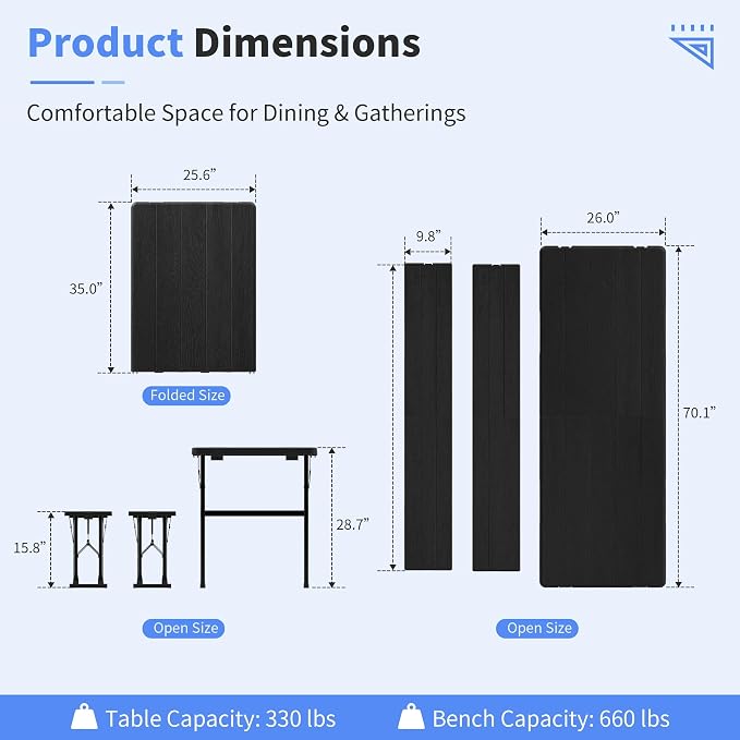 Polar Aurora Picnic Table Set with 2 Benches, 6 Feet Folding Camping Table Chair Set, Portable 3-Piece Outdoor Furniture with Wood Grain Top for Party, Picnic, Camping, Wedding (Black)