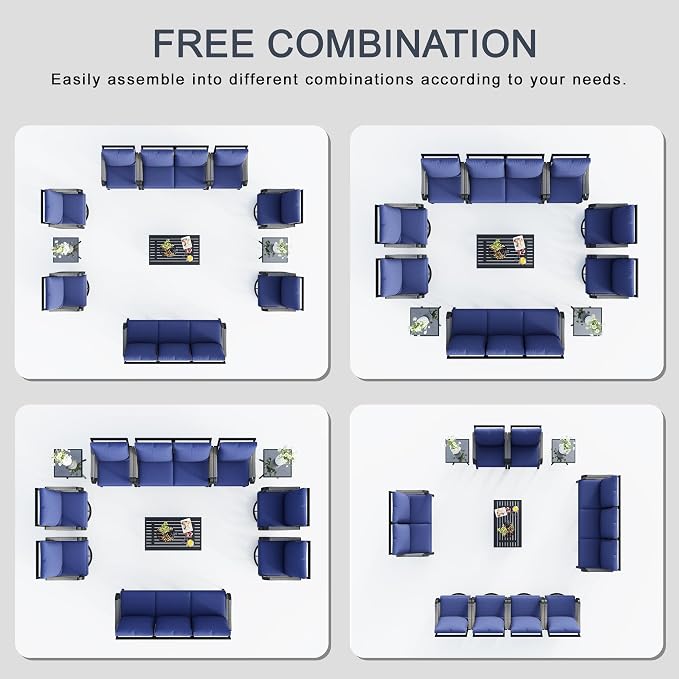 11 Pieces Patio Furniture Set, Metal Outdoor Conversation Sets with Swivel Chairs, Modern Couch Sofa Seating Group with Coffee Table and Side Table (Thick Blue Cushions)